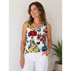 St. John Sport Marie Gray Tank Top Size L Fruit Butterfly Vintage White Red USA